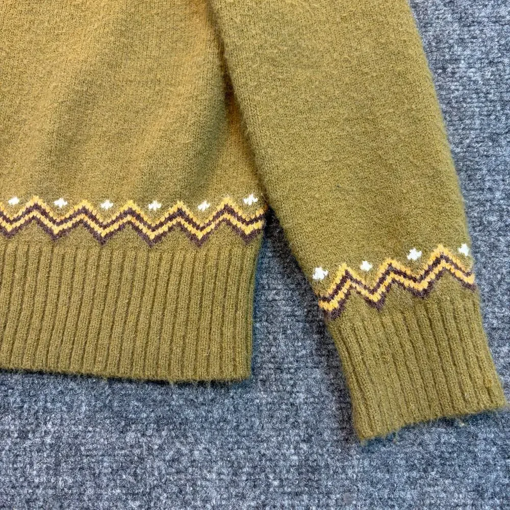 Fair Isle Highland Fox Soft Crewneck Sweater Green Yellow Orange Size Large
